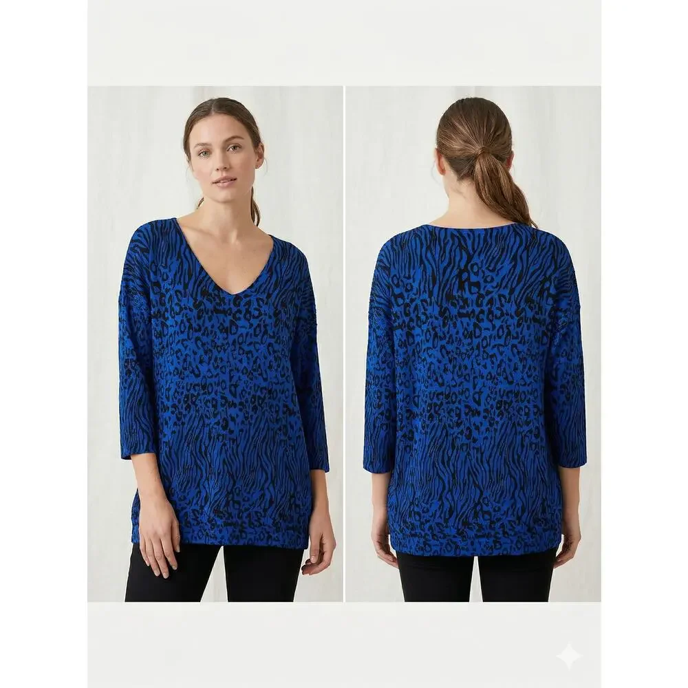 Dana Buchman XL Blue Black Leopard Print 3/4 Sleeve V Neck Acrylic Sweater